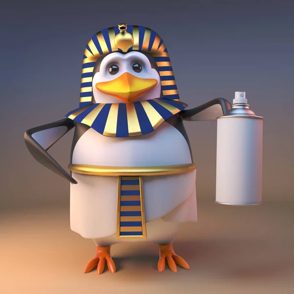 Regal 3D πιγκουίνος Φαραώ Τουτανκαμούν κρατώντας ένα σπρέι ψεκασμού μπορεί, 3D εικονογράφηση — Φωτογραφία Αρχείου