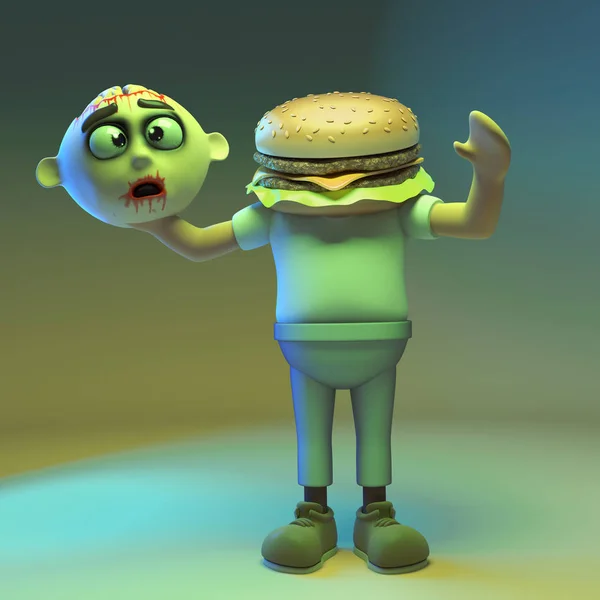 Funny cartoon 3d zombie monster has swapped his head for a cheeseburger, 3d illustration