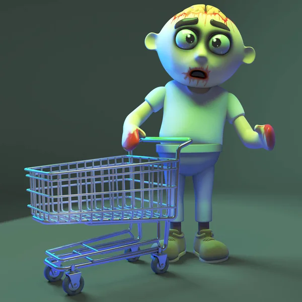 Shopper zombie monstre marche avec son chariot vide, illustration 3D — Photo