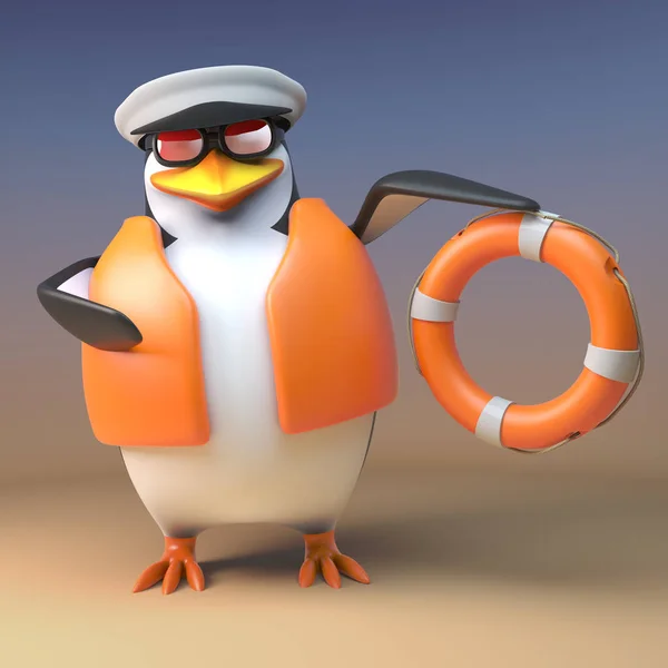 Vicces 3D pingvin tengerész kapitány jön a mentő az ő buouyancy élet gyűrű, 3D illusztráció — Stock Fotó