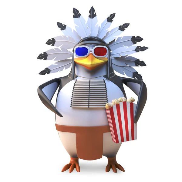 Indianischer Häuptlingspinguin frisst Popcorn, während er sich einen 3D-Film ansieht, 3D-Illustration — Stockfoto