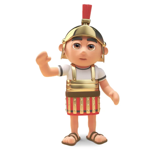 Friendly 3d cartoon Roman legionnaire centurion soldier waves a cheerful hello, 3d illustration