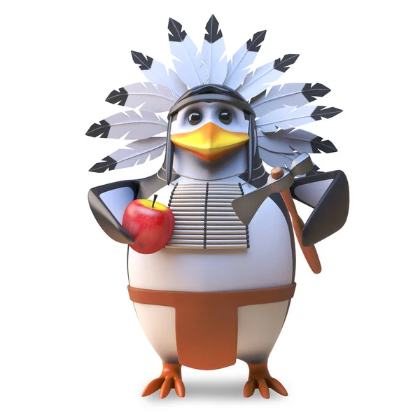 El hambriento jefe de pingüinos indios americanos mastica una manzana con su hacha, ilustración en 3D — Foto de Stock
