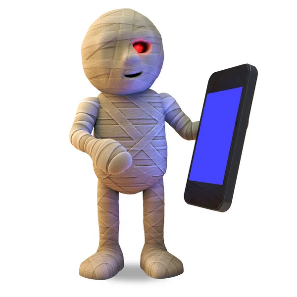 Caricature connectée monstre momie égyptienne joue avec son nouveau smartphone tablette, illustration 3D — Photo