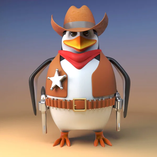 Salvaje oeste vaquero pingüino sheriff se mantiene firme listo para sacar sus pistolas, ilustración 3d — Foto de Stock