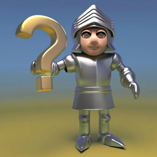 3d medieval knight in metal plate armour holding a gold question mark symbol, 3d illustration