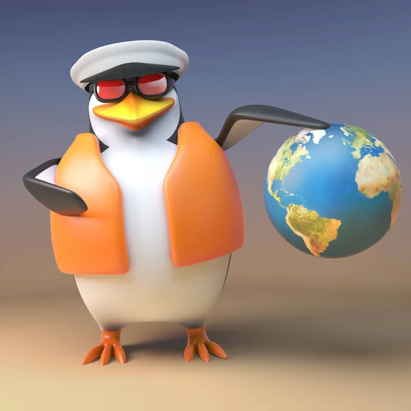 Tecknad 3D Penguin kapten sjöman navigerar med sin värld av världen, 3D illustration — Stockfoto
