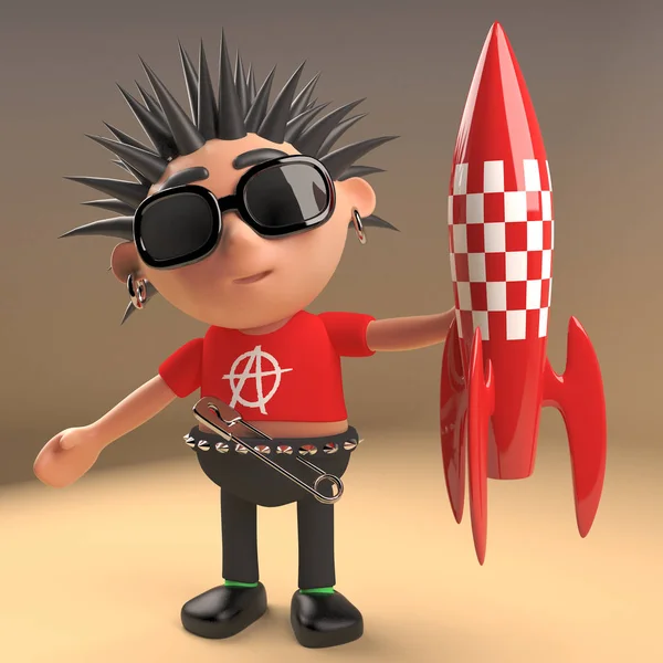 Cool 3d punk rocker com cabelo spikey segurando um foguete nave espacial vermelho retro, ilustração 3d — Fotografia de Stock