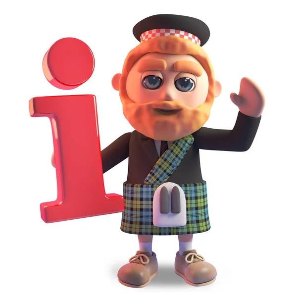 Смешной 3d мультфильм Шотландский человек с рыжей бородой и килт держа информационный символ, 3d иллюстрации — стоковое фото