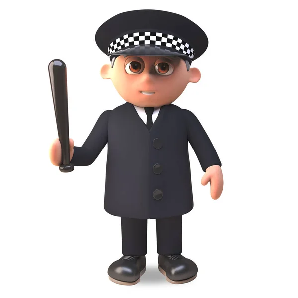 Cartoon 3d police officer on duty in uniform holding a truncheon, 3d illustration — Stock Photo, Image