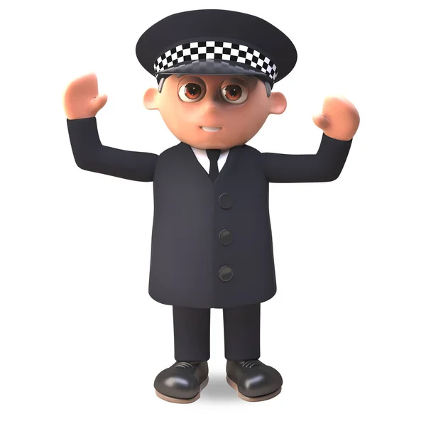 Cartoon 3d police officer on duty in uniform with arms in air cheering, 3d illustration — Stock Photo, Image