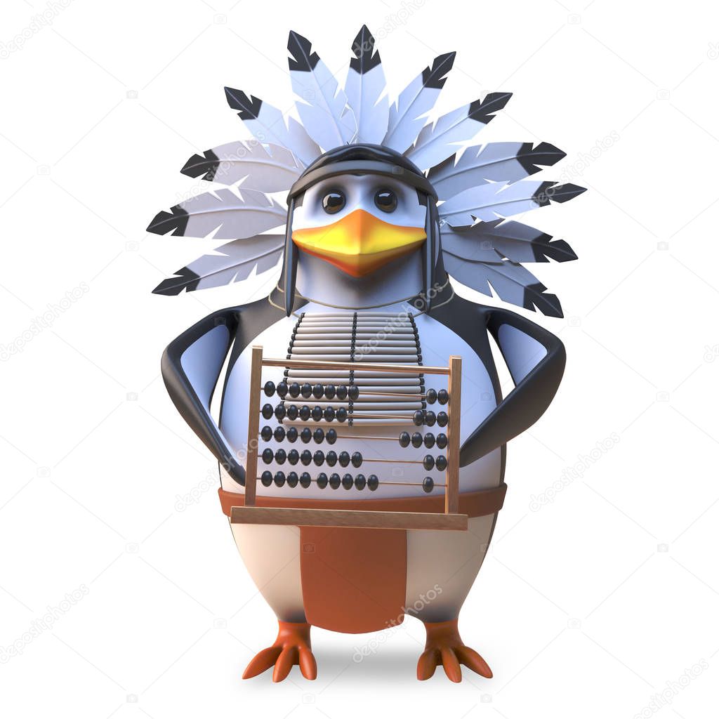 Cartoon native American Indian chieftain penguin using an abacus for maths, 3d illustration