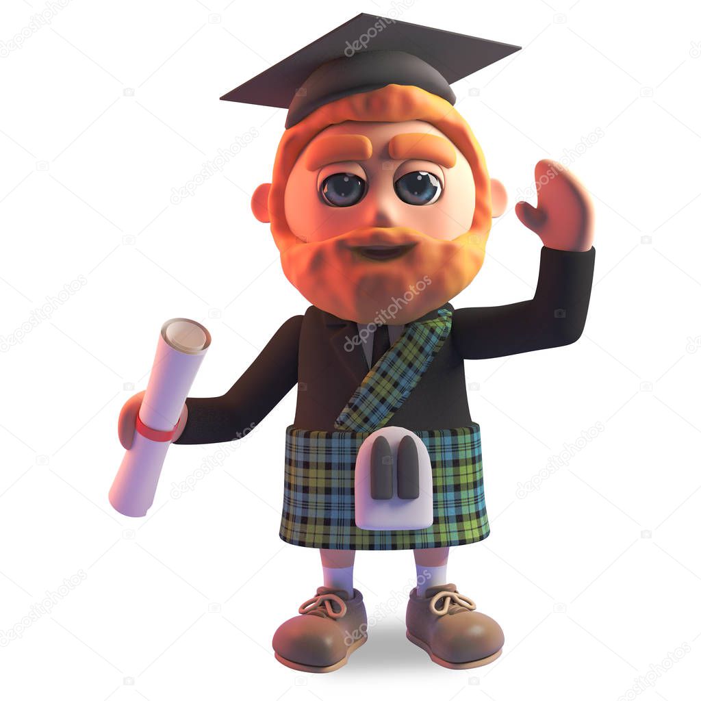 Successfull Scottish man in kilt and mortar board graduates holding his diploma, 3d illustration