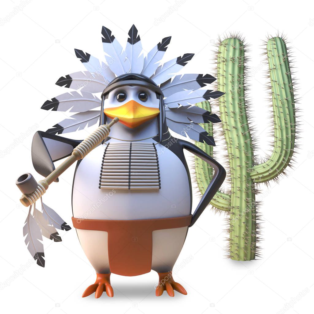 Noble native American Indian penguin chief smokes his peace pipe peacefully by a cactus, 3d illustration