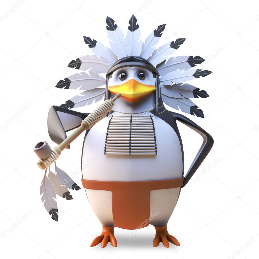Noble native American Indian chief penguin smoking the peace pipe in traditional ceremony, 3d illustration