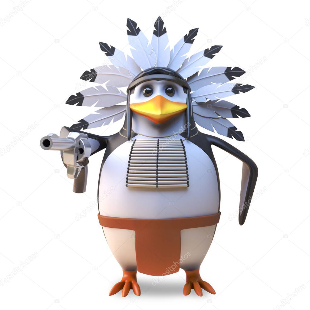 Gentle native American Indian penguin chief smoking his peace pipe and contemplating, 3d illustration