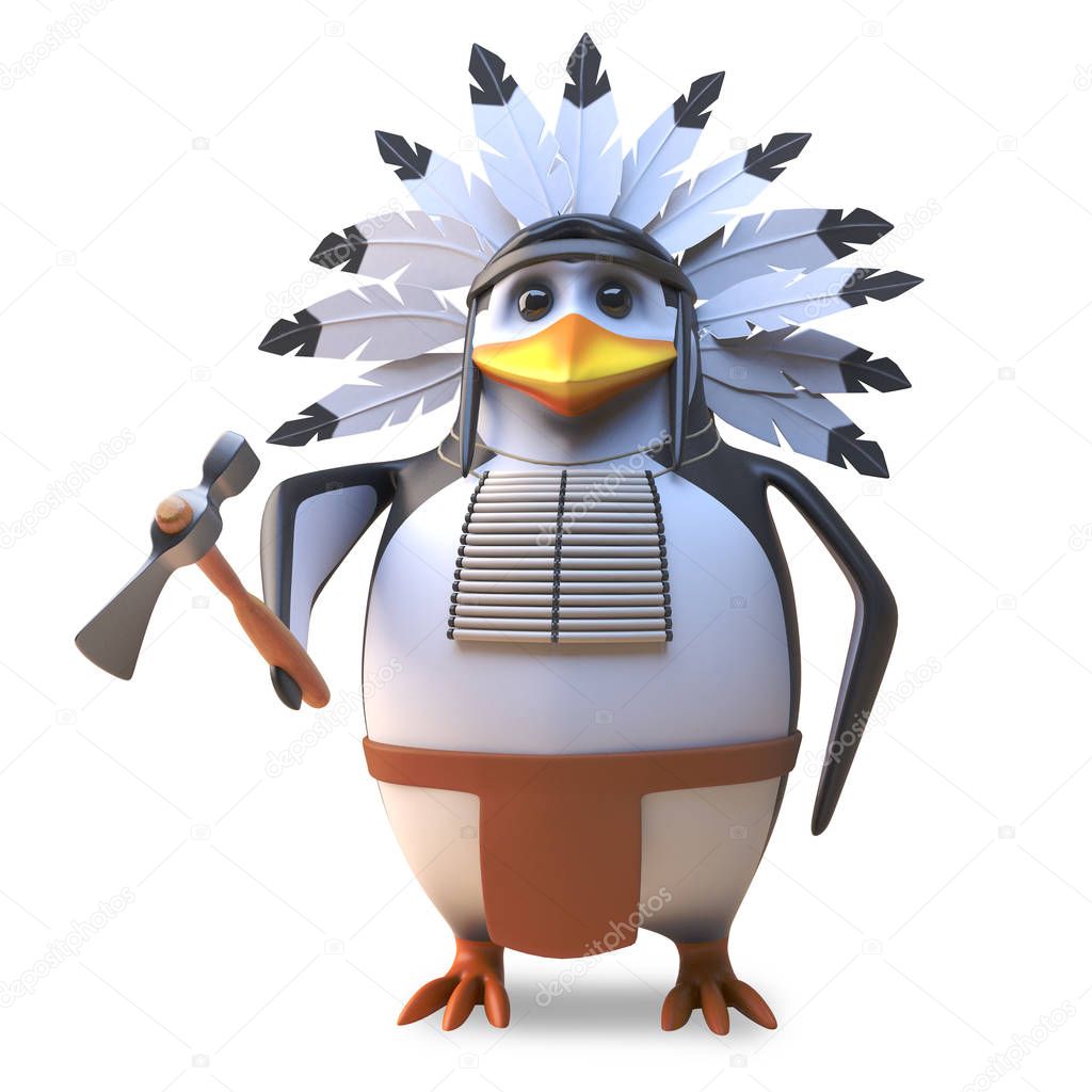 Brave native American Indian penguin chief wields his mighty axe, 3d illustration