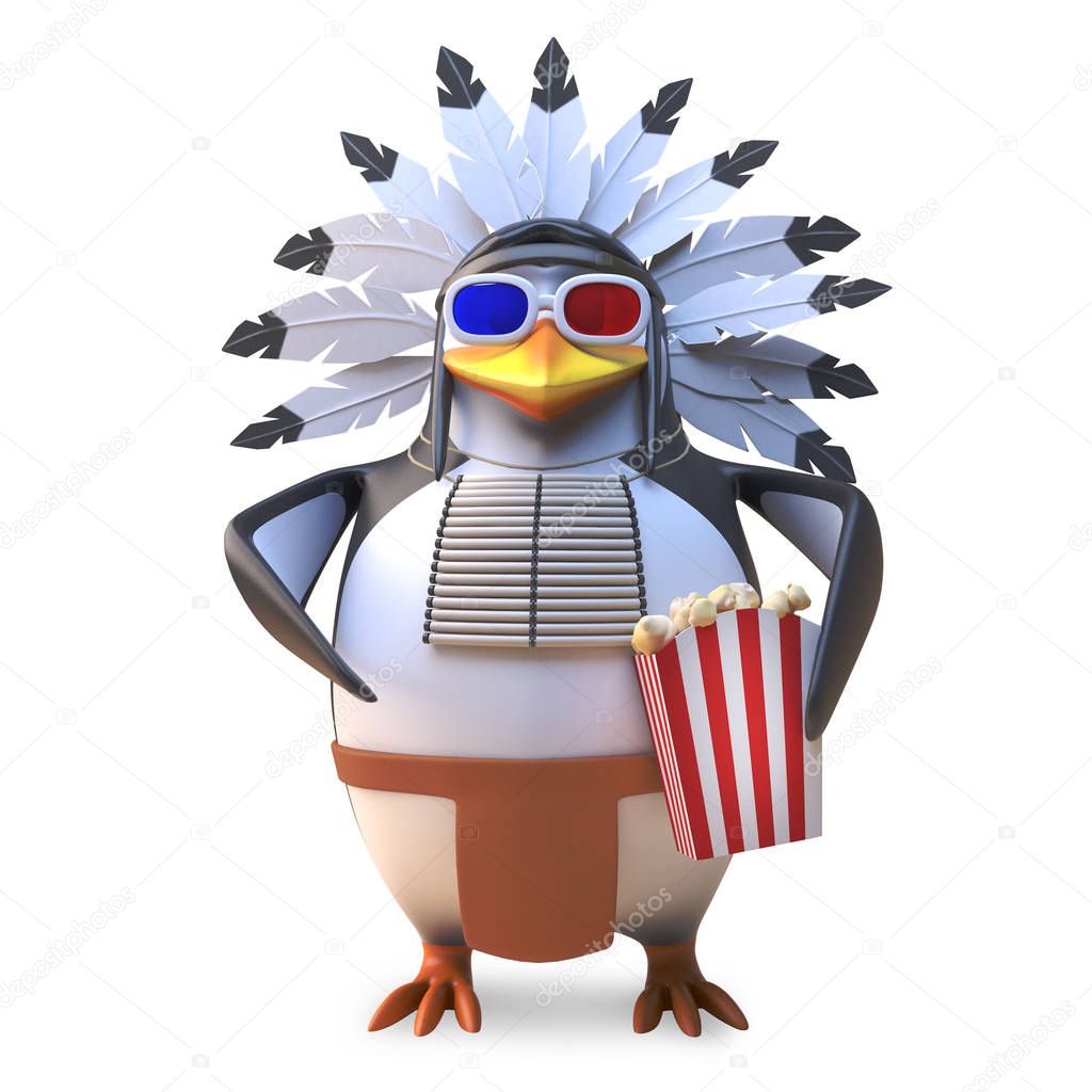 Native American Indian chief penguin eats popcorn while watching a 3d movie, 3d illustration