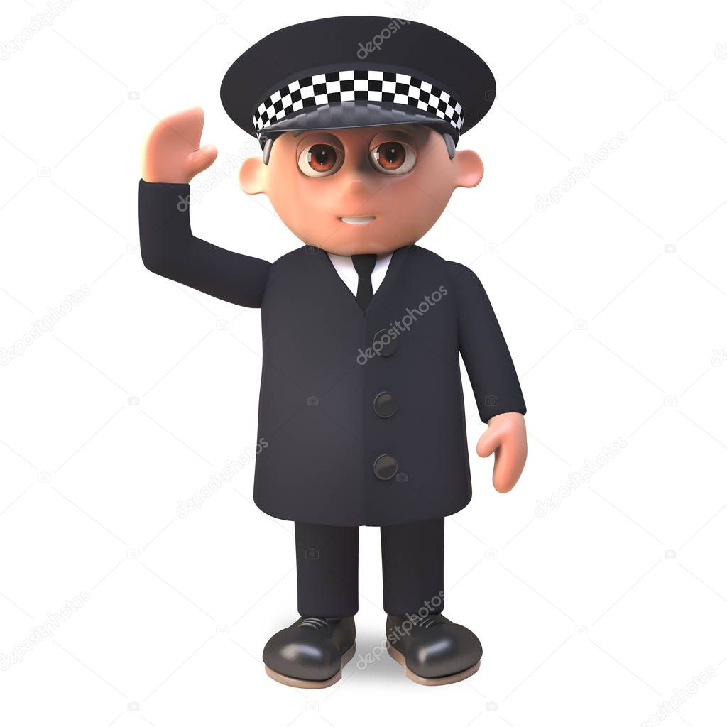 Friendly 3d cartoon police officer in uniform on duty waves with a smile, 3d illustration