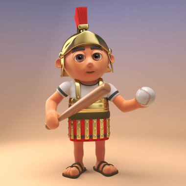 Bir beyzbol sopası ve topu tutan zırh Komik Roma lejyoner asker, 3d illüstrasyon