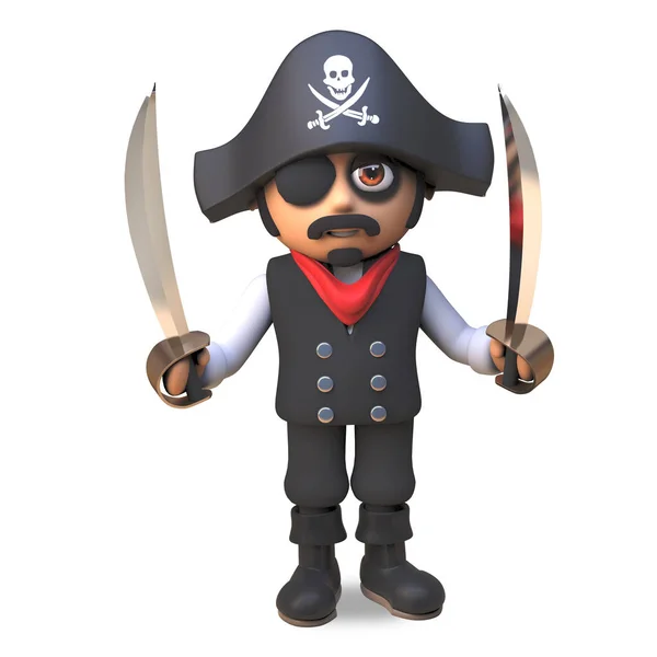 Cartoon 3d pirate sea captain in skull and crossbones with eyepatch holds two cutlasses, 3d illustration