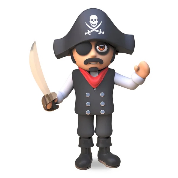 3d cartoon pirate sea captain in eyepatch and skull and crossbones waves while wielding his cutlass, 3d illustration