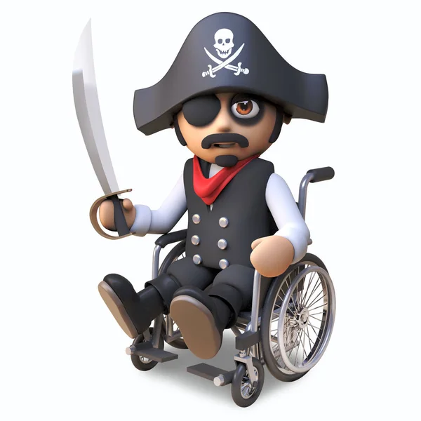 Capitán de mar pirata herido en el cráneo y los huesos cruzados sombrero y ojo se sienta en una silla de ruedas sosteniendo su cutlass, ilustración 3d — Foto de Stock