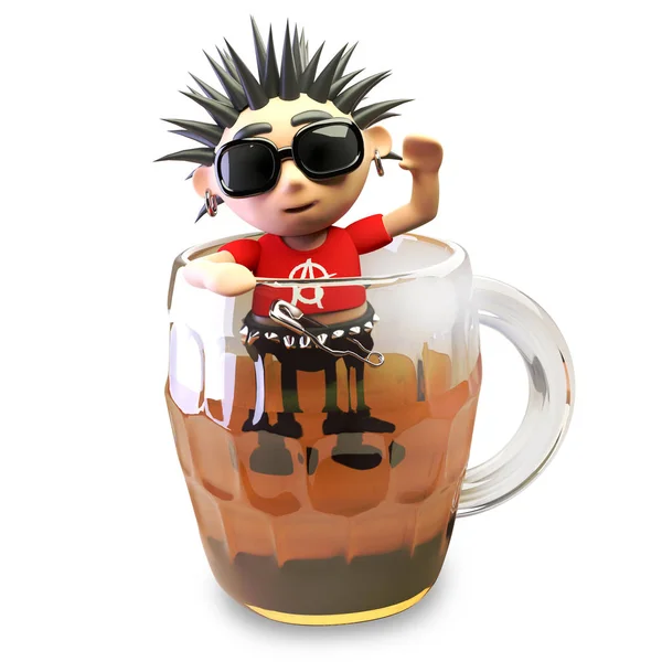 Drunk 3d punk rocker with spikey hair attempts to climb out of a pint of beer, 3d illustration — Stock Photo, Image