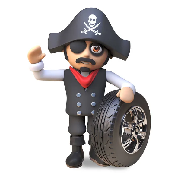 Pirate sea captain 3d cartoon character in eyepatch and skull and crossbones hat waves standing next to a car wheel and rim 3d illustration