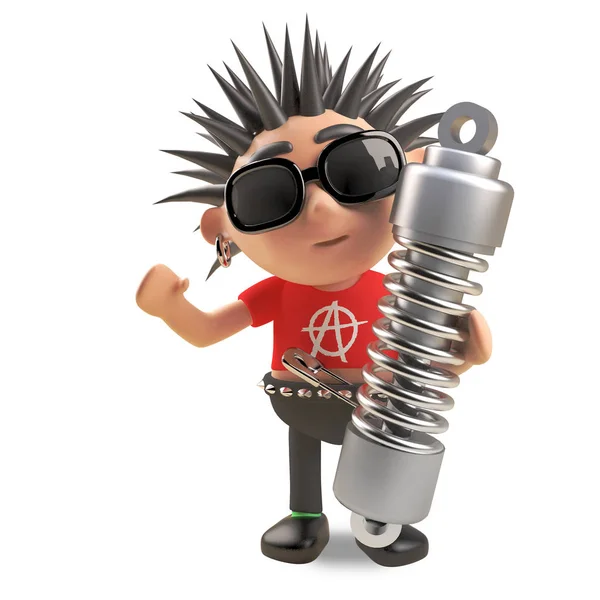 Cool 3d punk rocker con pelo de pico que sostiene un amortiguador de suspensión, ilustración 3d — Foto de Stock