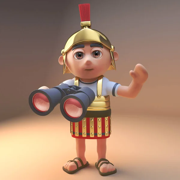 Bravo soldado legionário romano de armadura usando um par de binóculos e acenando, ilustração 3d — Fotografia de Stock