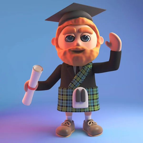 Образованный шотландский человек в 3D носить тартан килт и миномётная доска держа диплом, 3D иллюстрации — стоковое фото