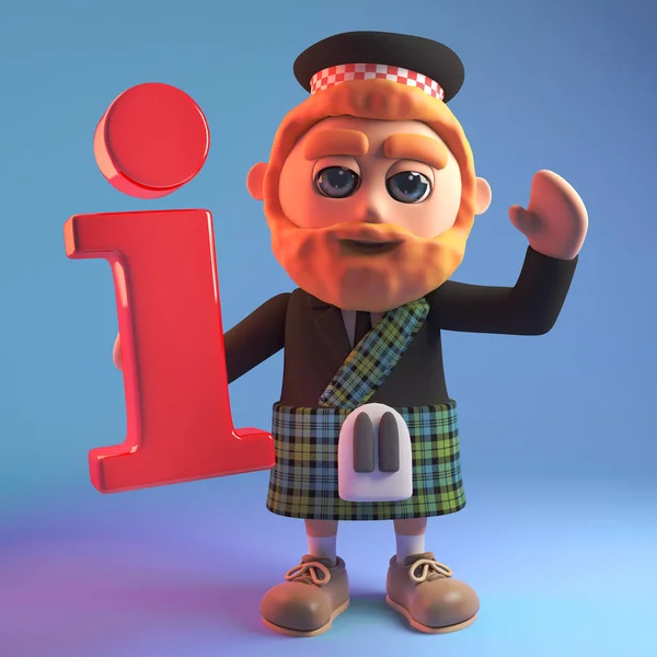 3d шотландский человек в тартан килт и sporran держа информационный символ, 3d иллюстрации — стоковое фото