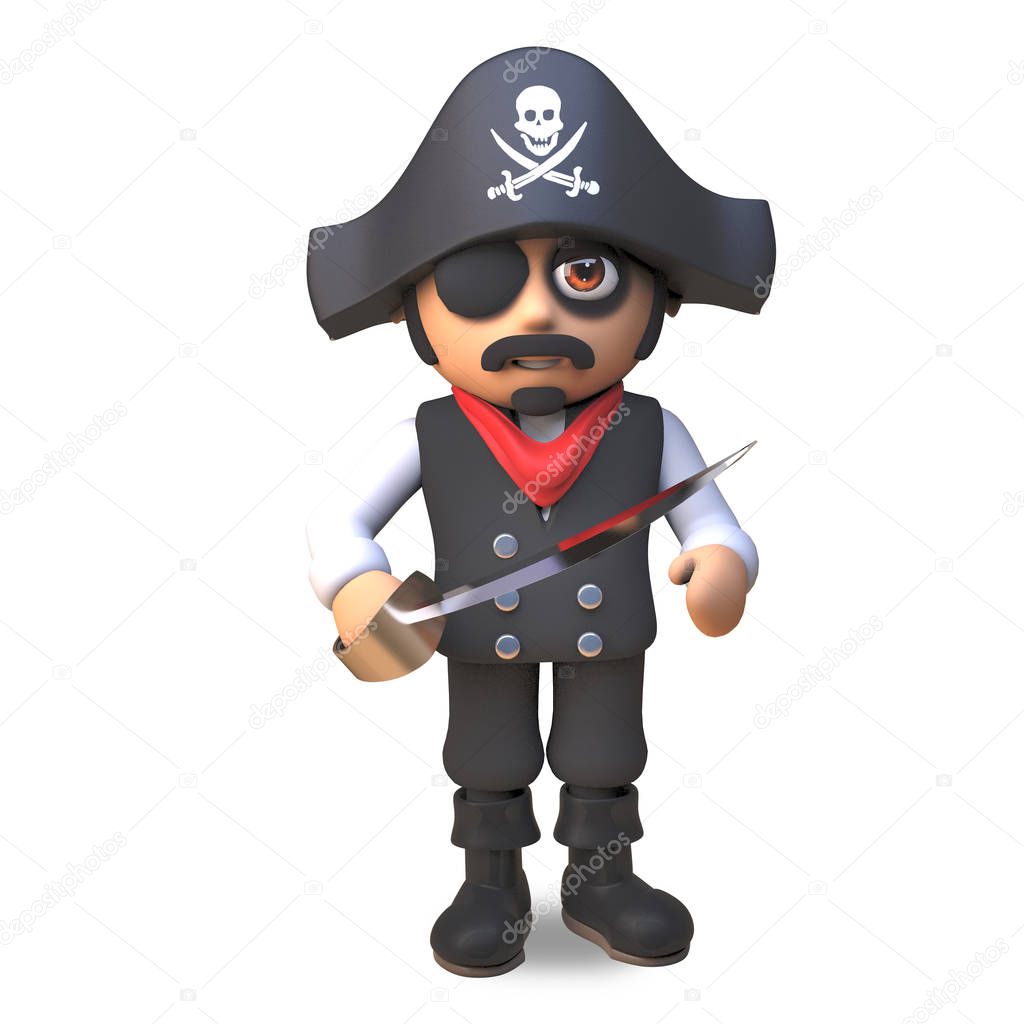 3d pirate sea captain in skull and crossbones and eyepatch brandishes his cutlass, 3d illustration