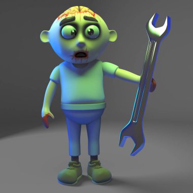 Aptal zombi canavar onun büyük boy spanner, 3d illüstrasyon ile kamyon düzeltmek istiyorum