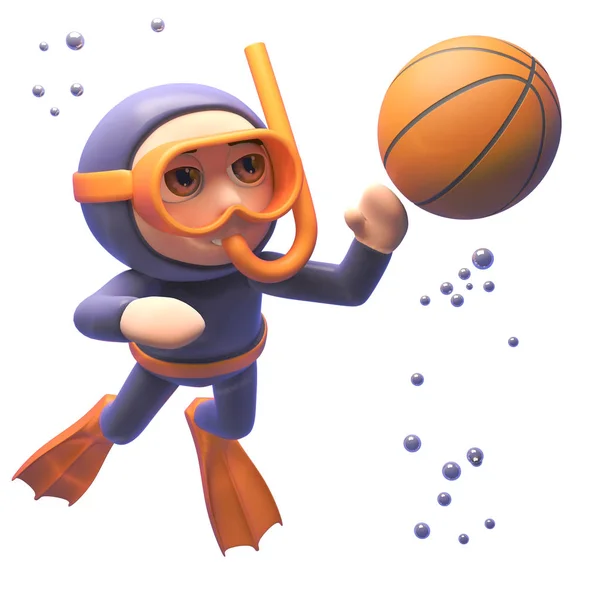 Cartoon-Taucher mit Schnorchelausrüstung bei einem Basketball unter Wasser, 3D-Illustration — Stockfoto