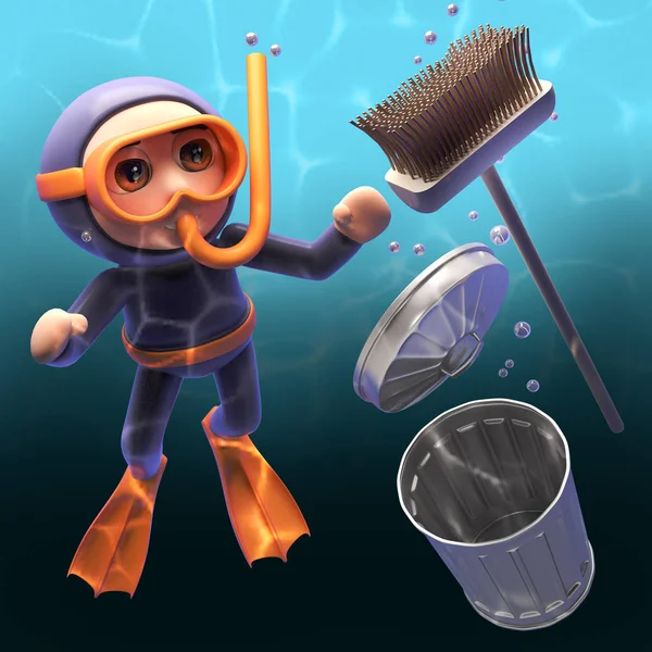 Underwater scuba snorkel diver 3d cartoon character watches a broom and rubbish bin sink in the polluted water, 3d illustration