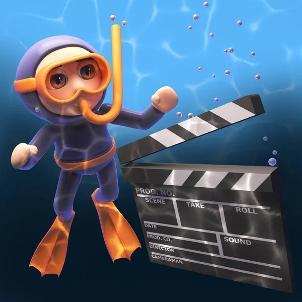 Zeichentrick-Schnorchel-Taucher unter Wasser und Blick auf einen Filmemacher Filmschiefer, 3D-Illustration — Stockfoto