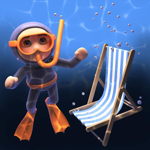 Afundando deckchair passa por um mergulhador snorkel sob o mar ilustração 3d — Fotografia de Stock