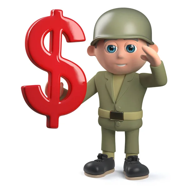 Στρατιωτικός στρατιώτης 3D χαρακτήρα κινουμένων σχεδίων κρατώντας ένα σύμβολο νομίσματος US δολάριο — Φωτογραφία Αρχείου