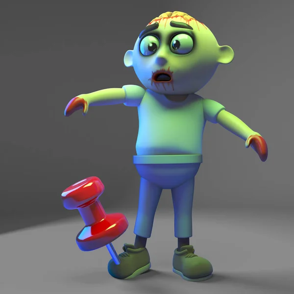 貧しいアンデッドゾンビモンスターは、彼の足に立ち往生小さなタックを持っている、3Dイラスト — ストック写真