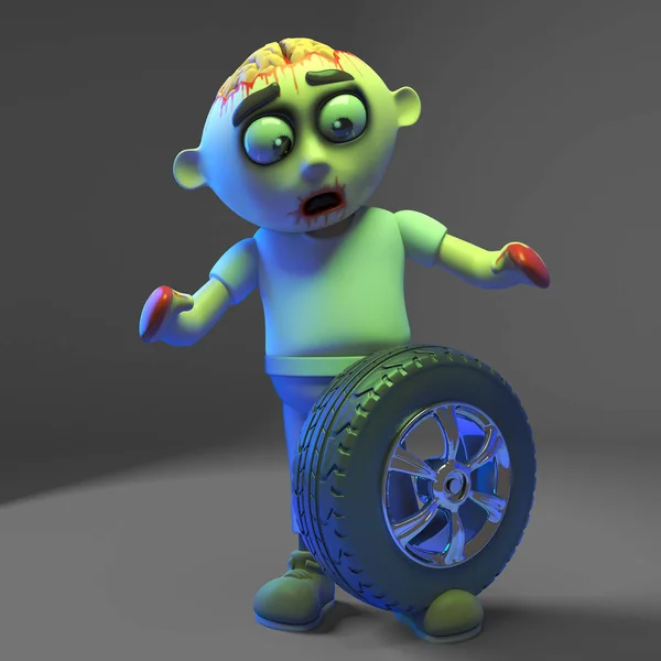 Silly zombie monster has a wheel on his foot, 3d illustration — Stock Photo, Image