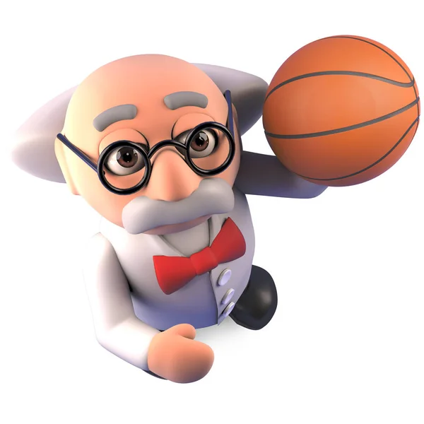 Verrückter Wissenschaftsprofessor schießt ein paar Körbe mit seinem Basketball, wenn er denkt, 3D-Illustration — Stockfoto