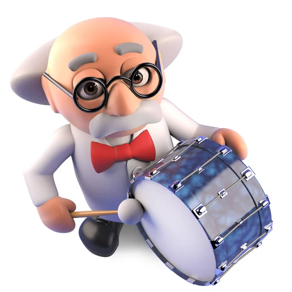 Mad scientist drives the neighbours crazy with his bass drum practise, 3d illustration — Stock Photo, Image