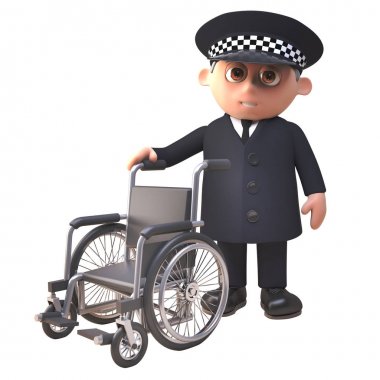 Bir tekerlekli sandalye ile faydalı 3D polis memuru polis karakteri ayakta, 3D illüstrasyon