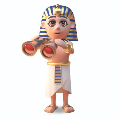 Firavunun Tutankhamun 3D karakter altın dürbün bir çift kullanarak, 3D illüstrasyon