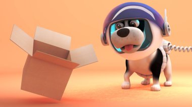 Uzay Explorer köpek Mars uyarılar yüzen boş karton kutu, 3D illüstrasyon