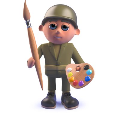 Bir boya fırçası ve paleti tutan 3D ordu asker karikatür karakter