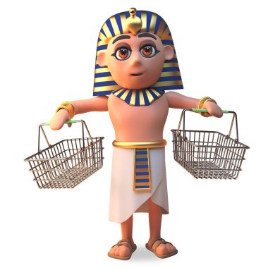 3D firavunun Tutankhamun karakter iki boş alışveriş sepetleri, 3D illüstrasyon tutarak