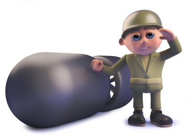 bir nükleer atom bombası yanında ayakta 3D karikatür ordusu asker